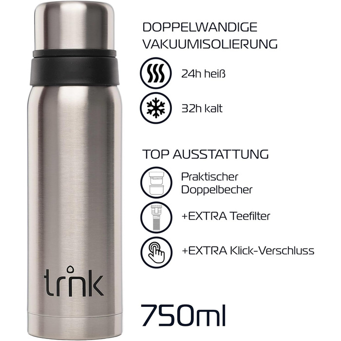 Термос trnk Outdoor Polar 2 з нержавіючої сталі 750 мл, BPA-free, 24 години збереження тепла, 2 чашки-кришки, для подорожей, сріблястий