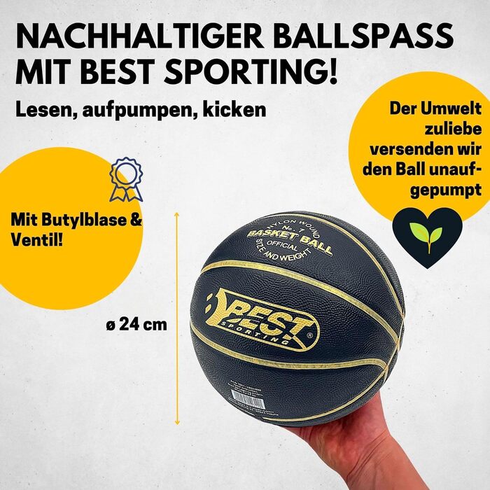 Баскетбольний м'яч Best Sporting Playoff, розмір 7, для вулиці, чорний із золотом, офіційна вага та розмір, високоякісний