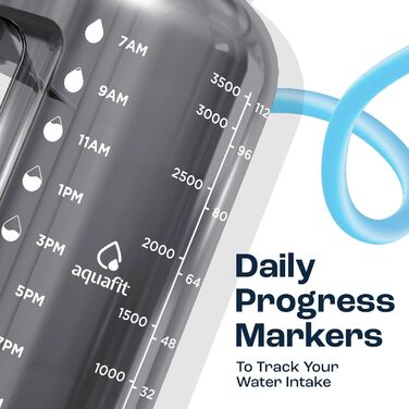 Фляга для води Aquafit з маркуванням часу - мотивуюча 3,5 л, чорна, з трубочкою, з пластику, 16 см x 30,48 см, багаторазова, для спорту та активного відпочинку, 3785 мл