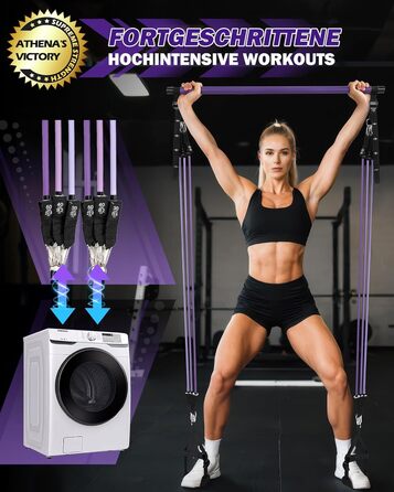 Набір фітнес-гумок з 6 еластичними стрічками 20-180/240 lbs та стійкою для пілатесу, ручками, фіксаторами для дверей. Для силових тренувань вдома. Колір: фіолетовий