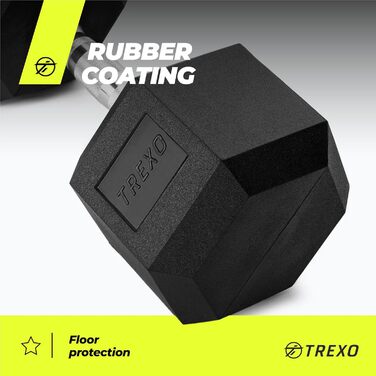 Гантель TREXO Hex 27,5 кг, гексагональна, гумова, чавун, для силових тренувань, ергономічна ручка, універсальна, домашній спортзал
