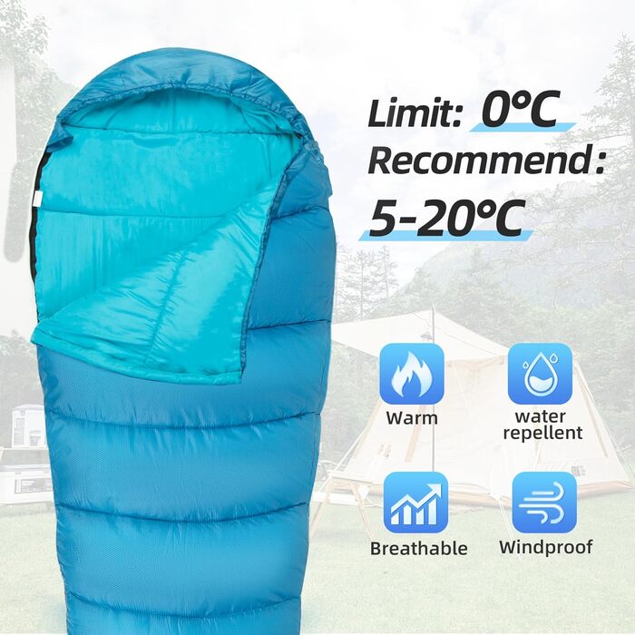 Спальник Forceatt 3-сезонний (5°C - 25°C) для кемпінгу, подорожей та фестивалів, водонепроникний, ультралегкий, блакитно-зелений