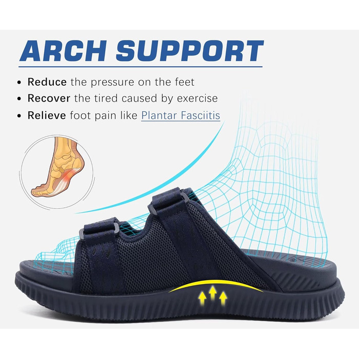 Чоловічі спортивні сандалії KuaiLu з м'якою устілкою, ортопедичні для фасціїту, Outdoor, Wander, легкі, відкриті пальці, регульована липучка, сланці (Морський, 45 EU)