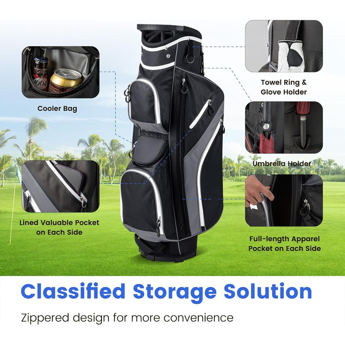 Сумка для гольфу LIFEZEAL Stand Bag сірого кольору з 14 відділеннями, підставка, ремінь, тримач для напоїв, 9 кишень, кишеня-холодильник, тримач для парасольки