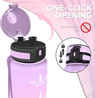 Спортивна пляшка для води 1 літр, без витоку, з позначками часу, для велосипеда, школи, офісу, фітнесу (1500 мл, Ірис-рожевий)