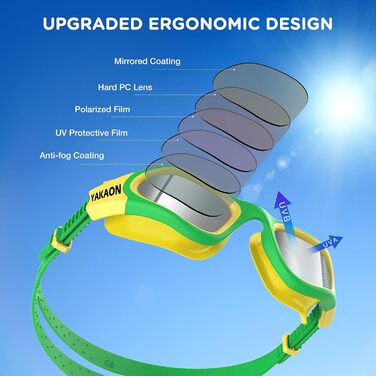 Дитячі поляризовані окуляри для плавання YAKAON A1MINI з антизапотівним покриттям та захистом від УФ, комфортні, для дівчаток і хлопчиків, зелено-сріблясті