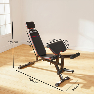 Регульована лава для жиму з вагою до 300 кг 3-в-1: лава для жиму, тренажер для ніг та пулт для згинання ніг. Оснащена роликами, підголівником та еластичними стрічками опору.