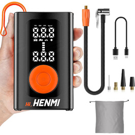 Електричний насос HENMI для авто, велосипедів, м'ячів, з акумулятором 7500-18000 мА·год, цифровий манометр, тиск 10,3-11,7 Бар, універсальні насадки