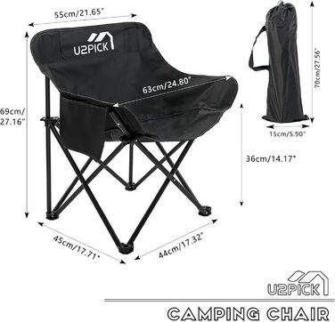 Складний стілець U2PICK для кемпінгу: легкий, міцний, з кишенькою та тримачем для напоїв (чорний)