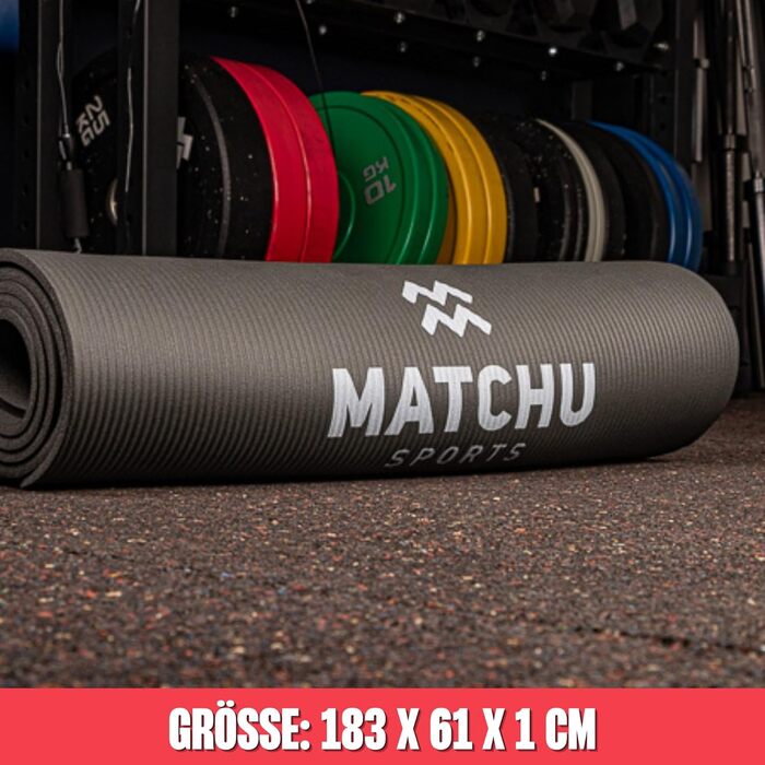 Килимок для фітнесу, йоги та спорту MATCHU, сірий, 180x60x1 см, NBR, з ременем для перенесення, антиковзкий