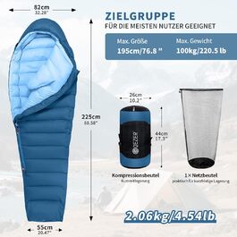 Спальник з гусячого пуху 650 fill power, сертифікат RDS. Температурний режим: +8°C до -30°C. Чорний (-10°C), Синій (-10°C). Ідеально для кемпінгу та альпінізму.