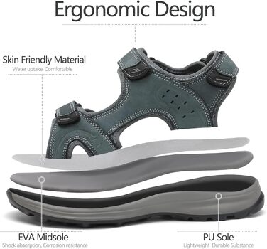 Чоловічі сандалі FLARUT для туризму та відпочинку на природі. Легкі сандалі з натуральної шкіри, сірого кольору, розмір 39 EU. Ідеальні для піших прогулянок, пляжу та активного відпочинку.