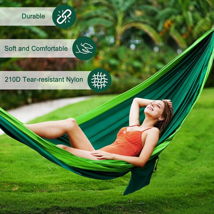 Гамак для кемпінгу Outdoor, легкий, портативний, з двома стропами для дерева, нейлон, 280*140 см (темно-зелений)