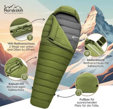 Спальний мішок Mumienschlafsack Norskskin Ultralight 205 Grün - екстремальний (-6°C), з'єднуваний, з кишенею для подушки, правий блискавка