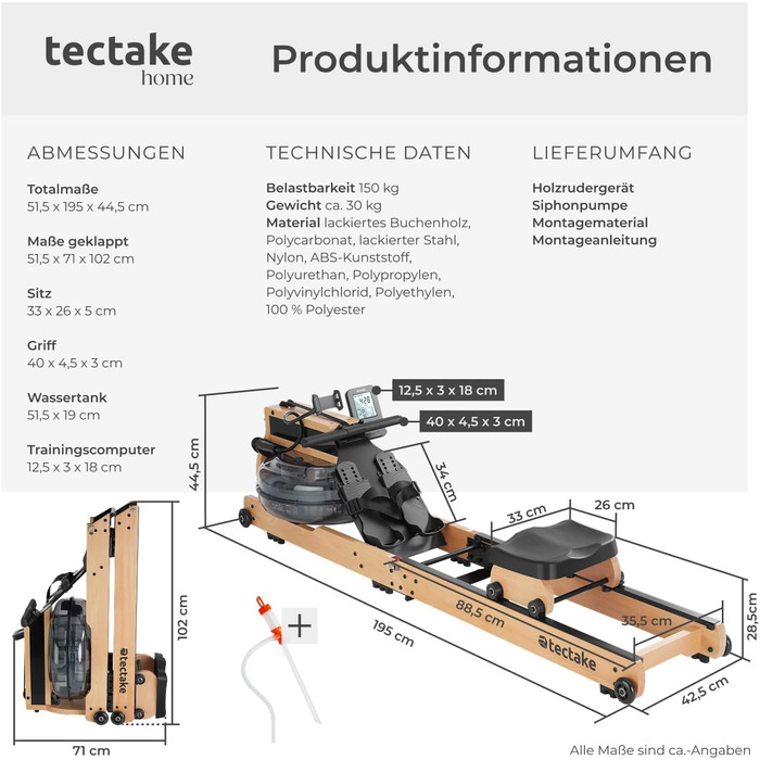 Гребний тренажер tectake з водяним опором та пульсоміром, складаний дерев'яний симулятор веслування для дому, до 150 кг