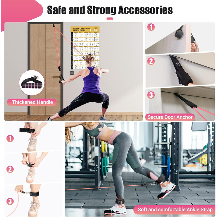 Набір еластичних стрічок для фітнесу Resistance Bands, 5 шт. з великими ручками, фіксатором для дверей, сумкою, для пілатесу та силових тренувань (4.5–45.4 кг, Рожевий)