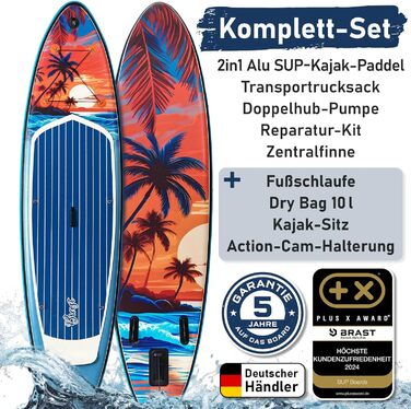 Надувний SUP-борд BRST Tropic | Комплект для станд-ап паддлбордингу | 320x81x15 см | 6 дизайнів | 5 років гарантії | з аксесуарами | 2-в-1: SUP та каяк | кріплення для Action Cam, фіксатор для ноги, насос, рюкзак (Sunset)