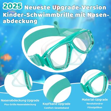 Дитячі окуляри для плавання Vvinca з захистом носа та м'яким ремінцем, міцні, антизапітніючі та водонепроникні, для дітей 3-14 років, колір: темно-зелений
