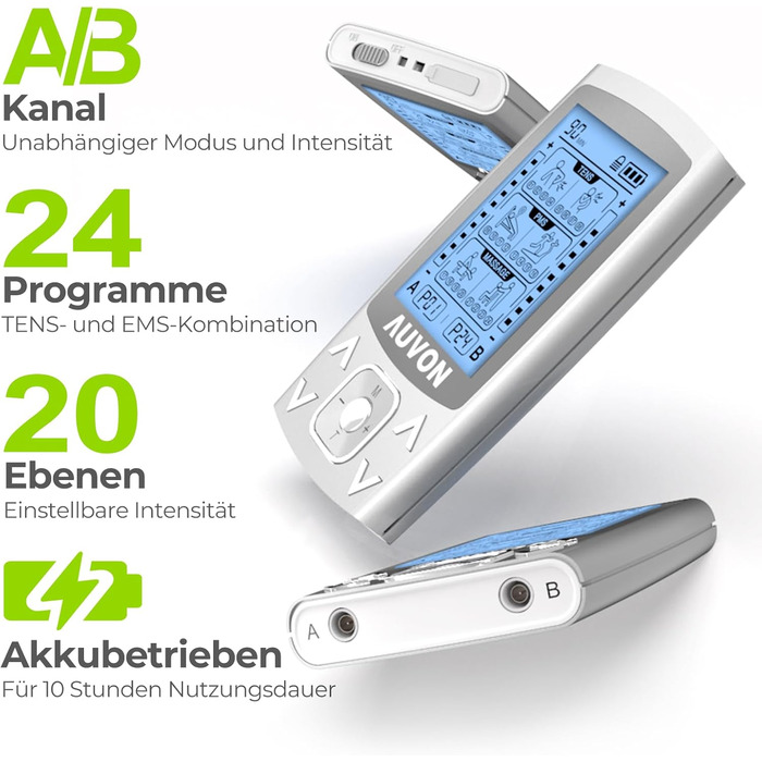 Пристрій TENS EMS AUVON: 2 канали, 24 режими, 12 електродів для зняття болю та масажу спини та шиї