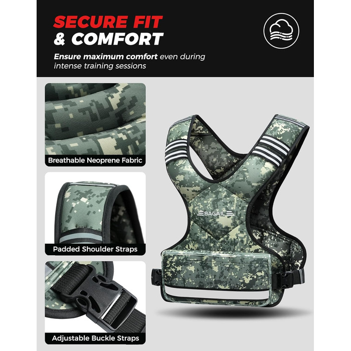 Вага для тренувань BAGAIL: регульована вага, знімні мішки з піском, підходить для чоловіків та жінок, ідеальна для фітнесу та аеробіки (зелений камуфляж, 9.1-14.5 кг)