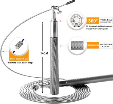 Стрибальний канат Speed-Spring зі сталевим тросом та підшипниками 360°, регульований швидкісний скакалка для фітнесу, боксу та тренувань, для дітей та дорослих (Сріблястий)