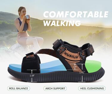 Жіночі трекінгові сандалії KuaiLu: зручні ортопедичні сандалі для туризму та активного відпочинку, літні, з регулюванням на липучках, відкриті, для підтримки стопи при фасціїтісу, чорний/хакі, 42 EU