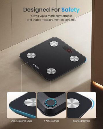 Ваги RENPHO: цифрові ваги для тіла з Bluetooth, аналіз складу тіла (жир, м'язи, BMI, вода), максимальне навантаження 180 кг, чорний