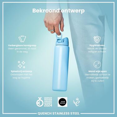 Сталева пляшка для води ion8 Evo 1 л, герметична з одним натисканням, легка, колір Alaska Blue