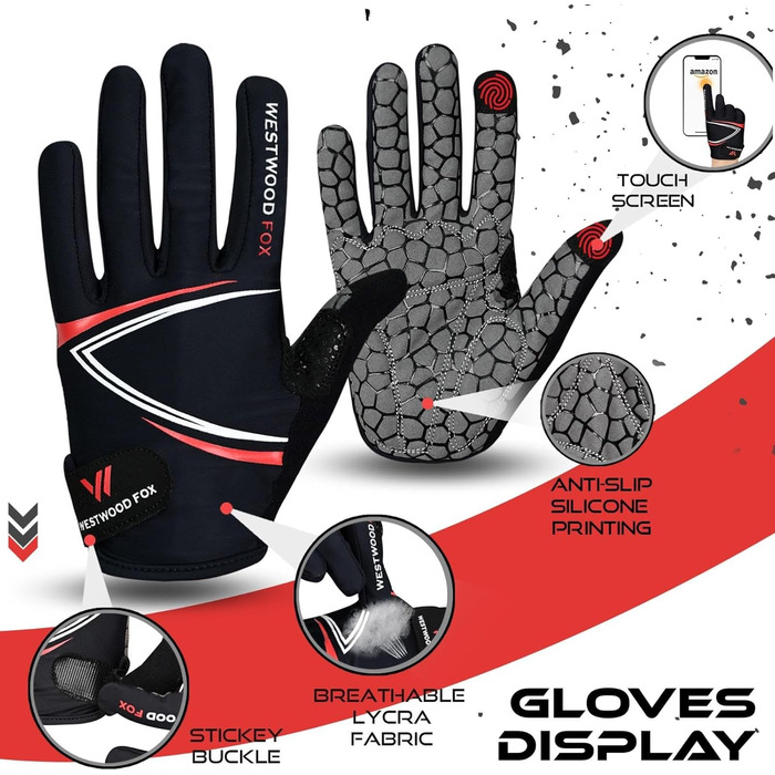 Велосипедні рукавички Westwood Fox Vofinger з антиковзаючою поверхнею та підтримкою сенсорного екрану, амортизуючі рукавички для гірського велосипеда, шосе, перегонів, велоспорту та спорту для чоловіків та жінок (M, червоні)