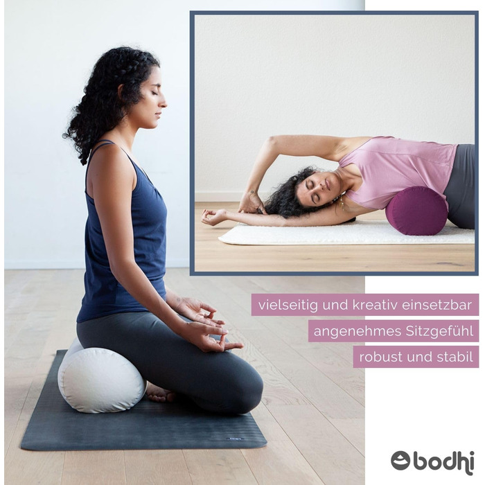 Йога-болстер Bodhi ECO, круглий, 100% біобавовна, наповнювач з органічної лузги полби, знімний чохол, для відновлювальної йоги, зелений, 65x20 см