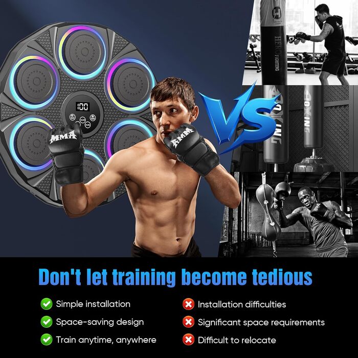 Музична боксерська машина з LED-підсвіткою та Bluetooth, настінна ціль для боксу, 9 режимів швидкості та режим підрахунку, для дорослих та дітей