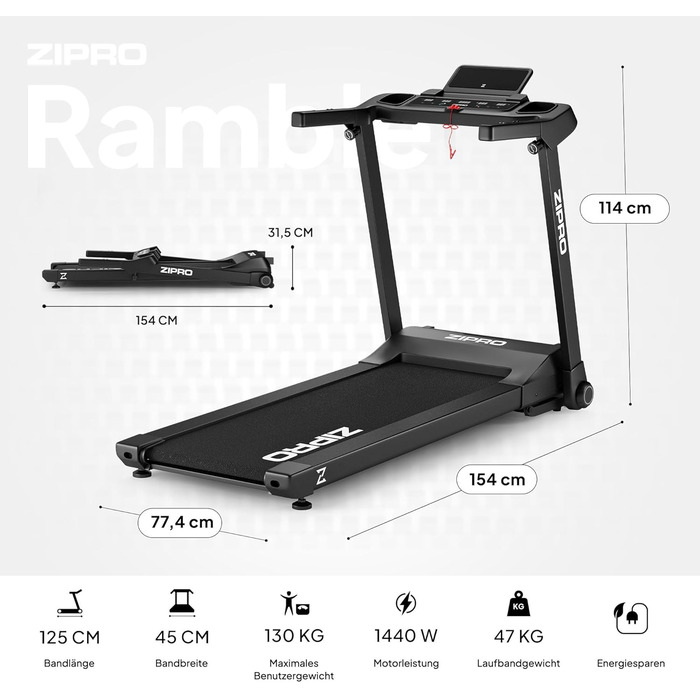 Біговий тренажер ZIPRO Klappbar: 1-16 км/год, 12 рівнів нахилу, LED-дисплей, компактний та тихий, з додатком
