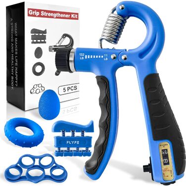 Набір для тренування сили хвата FLYFE (5 шт.) - тренажер передпліччя, ручний стискач, регульований опір, розтягувач пальців, кільце для хвата, м'яч для зняття напруги та тренажер пальців для чоловіків та жінок, відновлення після травм, блакитний
