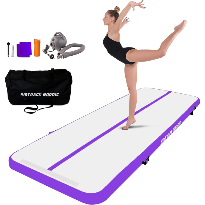Надувна гімнастична матка AirTrack Nordic Standard з насосом, 3/4/5/6/7/8 метрів, для гімнастики, йоги, дому. Міцна та легка у транспортуванні. Колір: фіолетовий