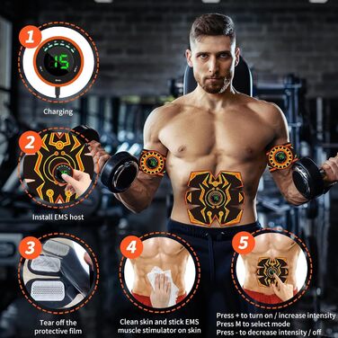 Електричний тренажер для пресу EMS, тренажер для живота, безпечний та ефективний, 6 режимів, 15 інтенсивностей, 10 шт. запасних електродів