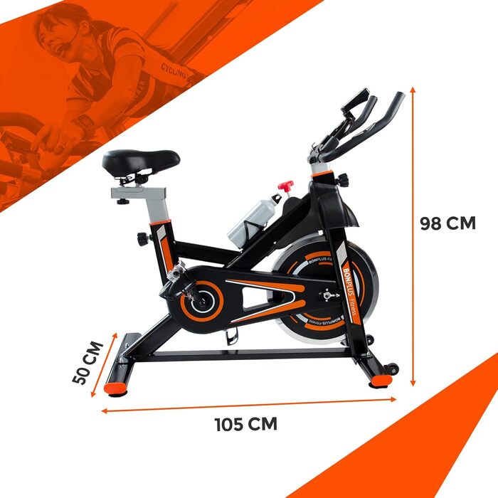 Велотренажер Bonplus BP - Indoor Fitness Bike з регулюванням навантаження та пульсометром, висота сидіння 76-98 см, маховик 10 кг