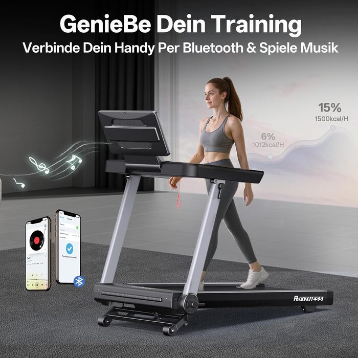 Біговий тренажер JOROTO для дому, складаний, 2.5PS, нахил 1-10%, LED дисплей, 15 програм, 1-16 км/год, велика площа бігової доріжки 130×48 см, Bluetooth, Kinomap, вантажопідйомність 150 кг, чорний