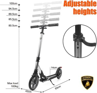 Скутер Lamborghini Tretroller Cityroller з великим колесом, складний, регульована висота, для дорослих та дітей, з підставкою, передньою амортизацією та гальмом на задньому колесі, до 100 кг (Сірий)