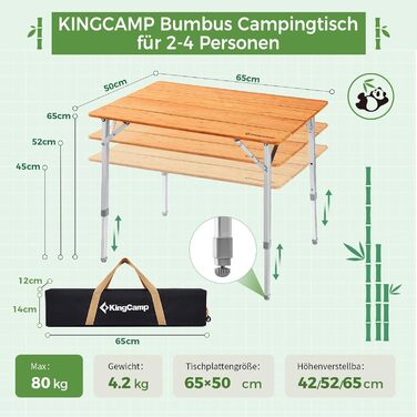 Складний столик KingCamp з бамбука з UV-захистом, регульований по висоті, для кемпінгу, саду, грилю, пікніка, офісу (100x72 см/120x70 см), 3 висоти