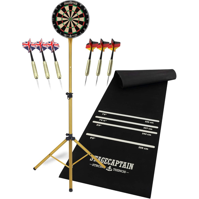 Stagecaptain DBS-1715 Bullseye Pro комплект для дартсу: професійна стілдардс дошка з сизалю, гумовий килимок, регульована стійка, 6 дротиків, 4 комплекти оперень, золото