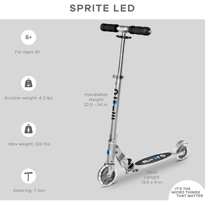 Дитячий самокат micro Sprite LED, складаний, з регульованим кермом, світлодіодні колеса, від 5 років, у 6 кольорах