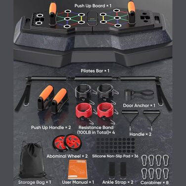 Дошка для віджимань Push Up Board: багатофункціональна дошка 25-в-1 для фітнесу, Pilates Bar, ролики для пресу та еспандери. Професійні тренажери для дому