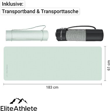Килимок для йоги та фітнесу EliteAthlete, 183x61x0,6 см, м'який, нековзкий, з ременем і чохлом, м'ятний