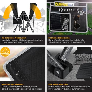 Кемпінгове ліжко KESSER®: складане, портативне, з сумкою, ліхтариком та бічною кишенею. Міцне металеве ліжко, 600D Oxford, чорне, 190 см
