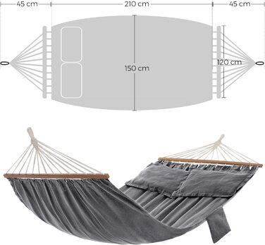 Гамак SONGMICS вуличний, з дерев'яними планками, 2 подушки, до 300 кг, 210x150 см, сірий