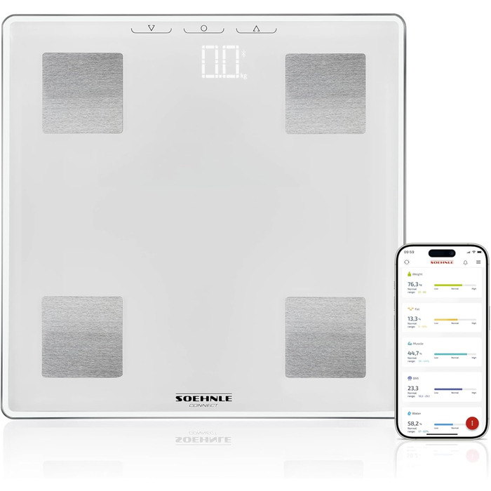 Розумні ваги Soehnle Shape Sense Connect Lite, аналіз складу тіла, з'єднання з додатком, вимірювання жиру, води, м'язової маси, LED-дисплей, білі