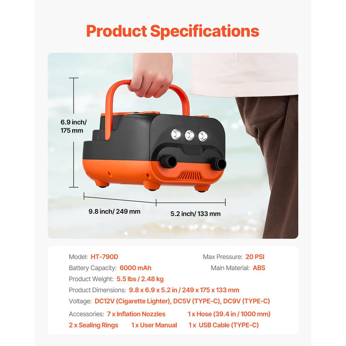 Електрична SUP-насос VEVOR з USB, 20PSI, для надувних SUP-дошок, наметів, з LED-підсвічуванням та автоматичним вимкненням