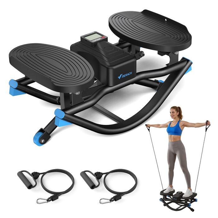 Степер для дому MERACH з еспандером (Power Rope), U-подібний тренажер для схуднення та фітнесу, макс. навантаження 150 кг, чорно-синій