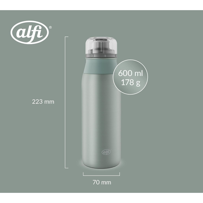Пляшка для води alfi ELEMENT 600 мл, зелена матова, легка, з нержавіючої сталі, герметична, з гвинтовою кришкою, для газованої води, компактна, можна мити в посудомийці, без BPA