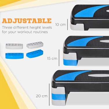 Степ-платформа для аеробіки, фітнесу та спорту, регульована по висоті, 3 сходинки, чорний+світло-блакитний+сірий